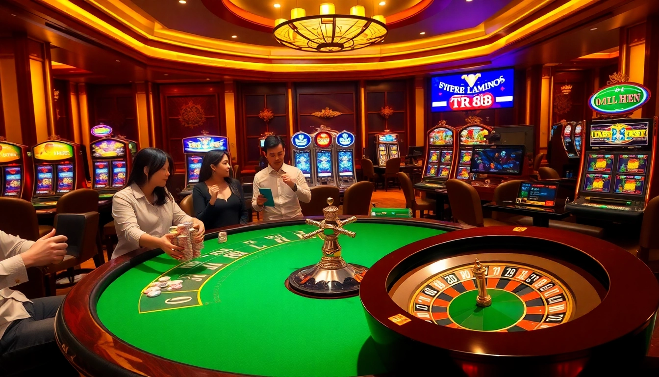 Engaging players at a poker table enjoying TR88 casino games in a luxurious environment.