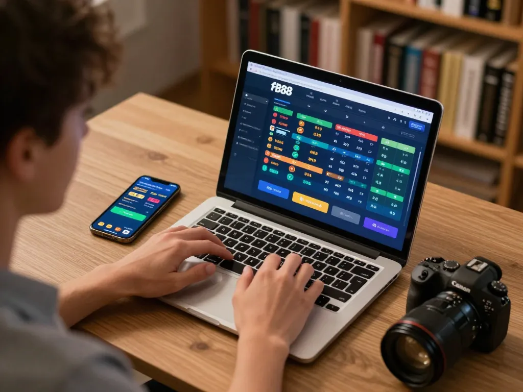 Person placing bets on fb88 sports betting app from home desk with engaging interface visible