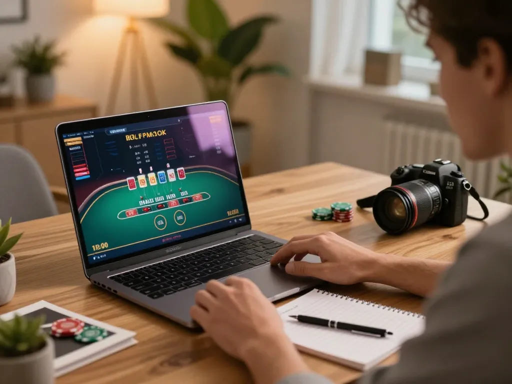 Player strategies in online C168 blackjack game using laptop in stylish home.
