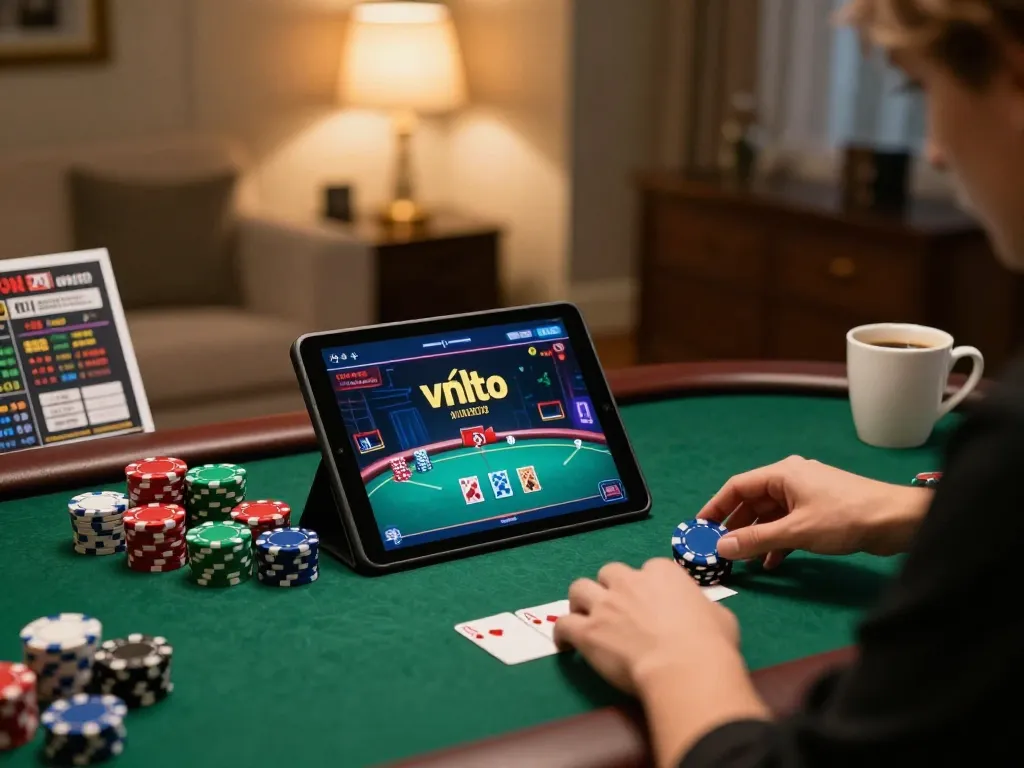 User engaged in online gambling tại vnloto, using tablet for poker betting with strategy notes beside.