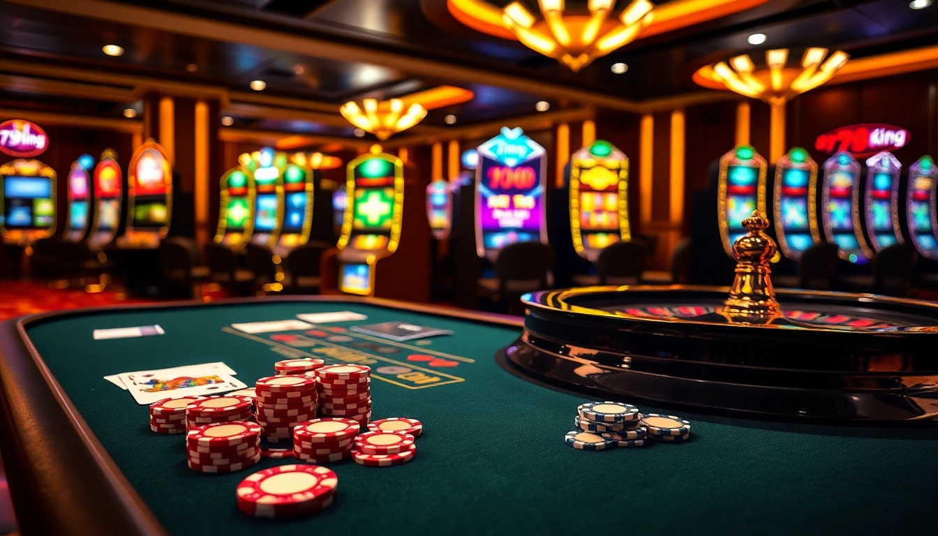 Engaging scene of a casino table showcasing 79king poker chips and cards during an exciting game.