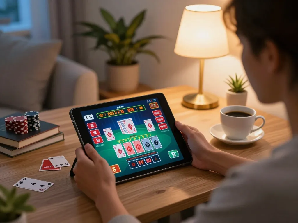 LC88 online gaming scene with a player at home engaging in live dealer gameplay, showcasing a responsible gaming atmosphere.