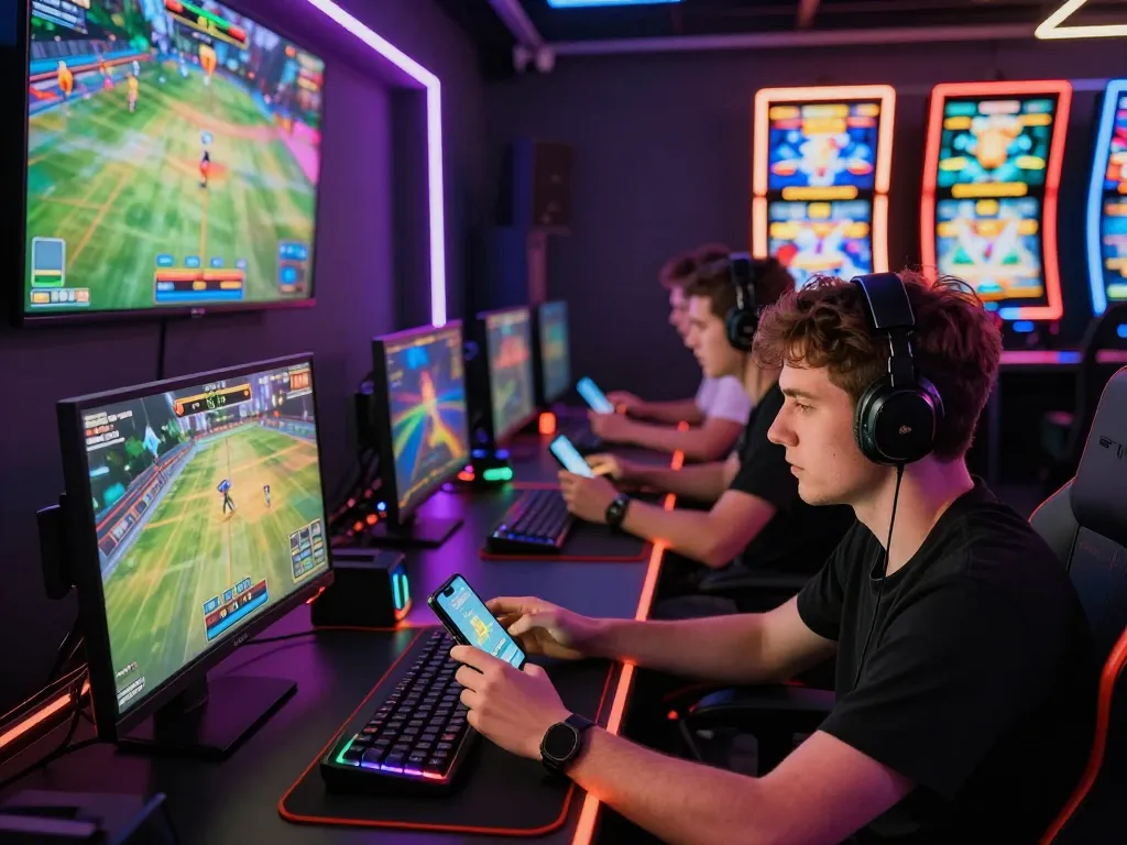 Exciting jun888 online gaming atmosphere with players engaged in sports betting and slot games, showcasing vibrant technology and atmosphere.