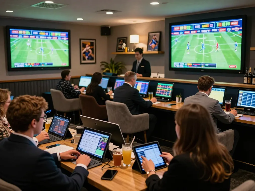 Betting at https://go8.agency/ while analyzing live sports odds in a stylish betting lounge