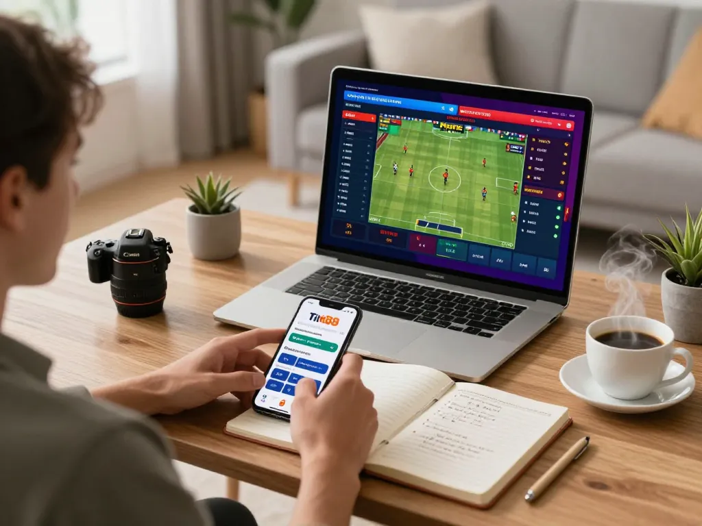 Person using the Tin88 app for live sports betting, showcasing modern home gaming setup.