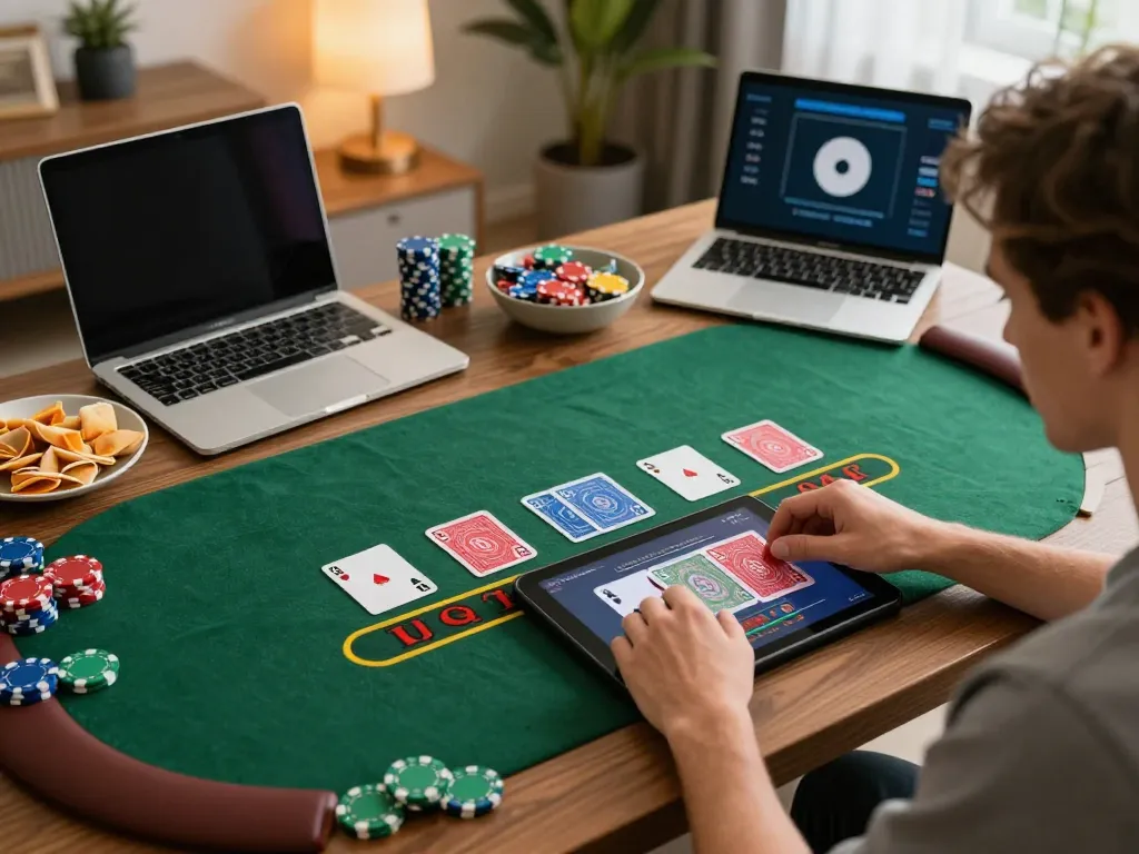 Engaging in tg88 blackjack gameplay online on a tablet in a cozy home setting.