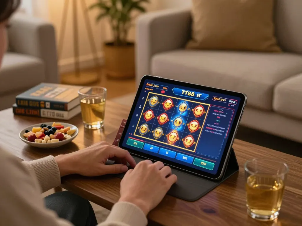 Enjoying TT88 nổ hũ gameplay on a tablet in a cozy home environment with snacks.