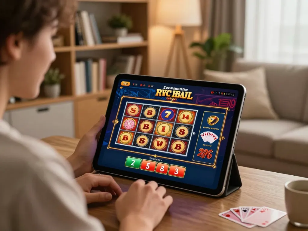LC88 user enjoying online slots on tablet in cozy living room setting