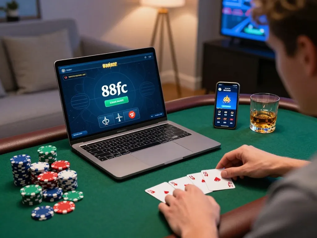 Playing high-stakes poker on 88fc gaming app from a stylish home setup.