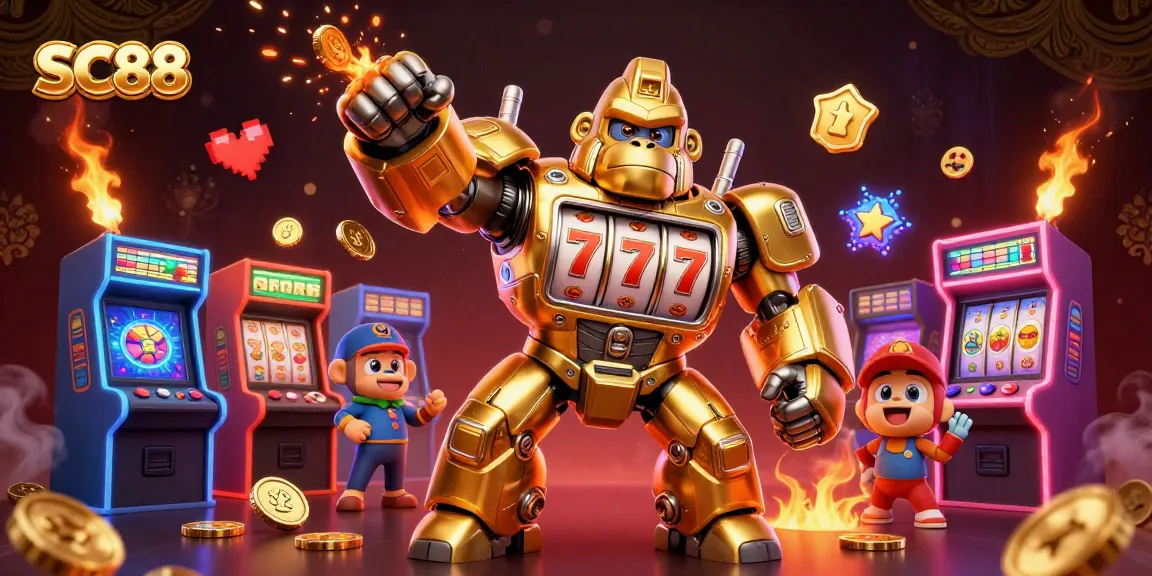 Experience thrilling slots and bonuses at SC88 with a vibrant casino-themed 3D illustration.