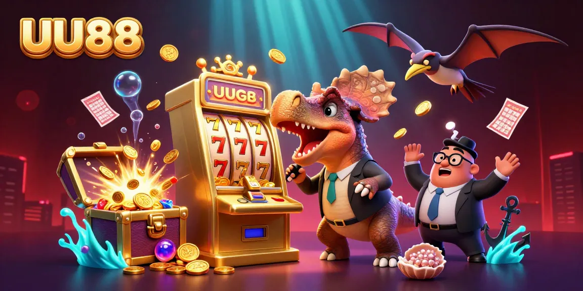 UU88 slots theme illustration featuring cartoon dinosaurs in a vibrant casino scene.