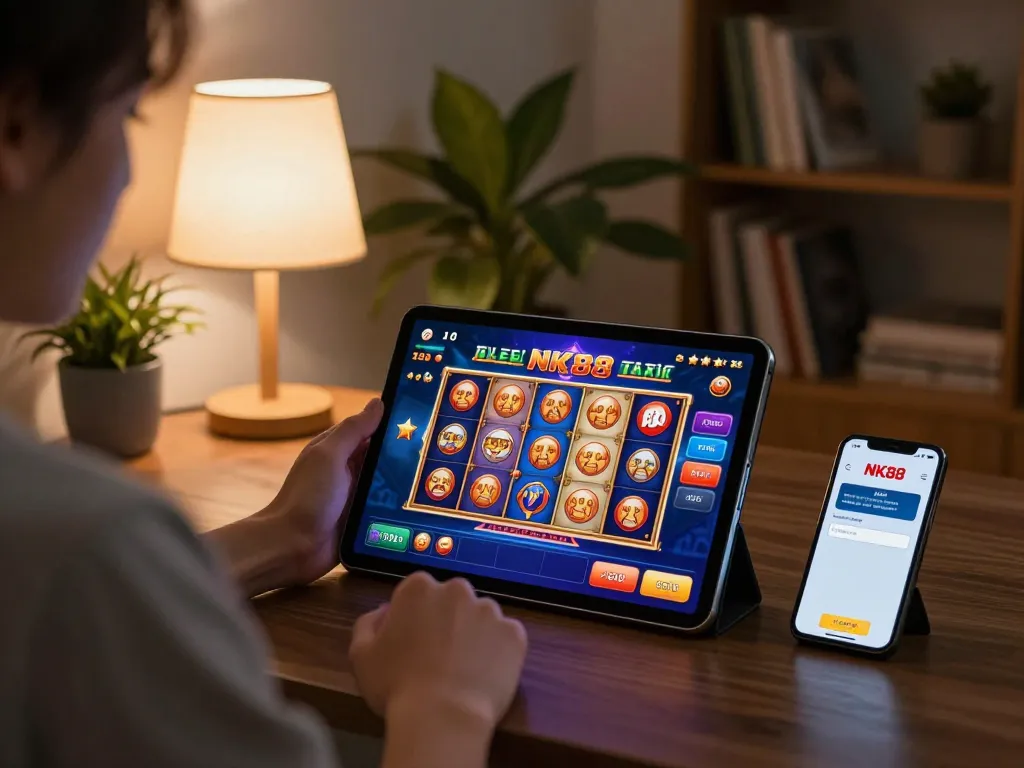 Engaging in NK88 online casino gaming on a tablet in a cozy home setting.