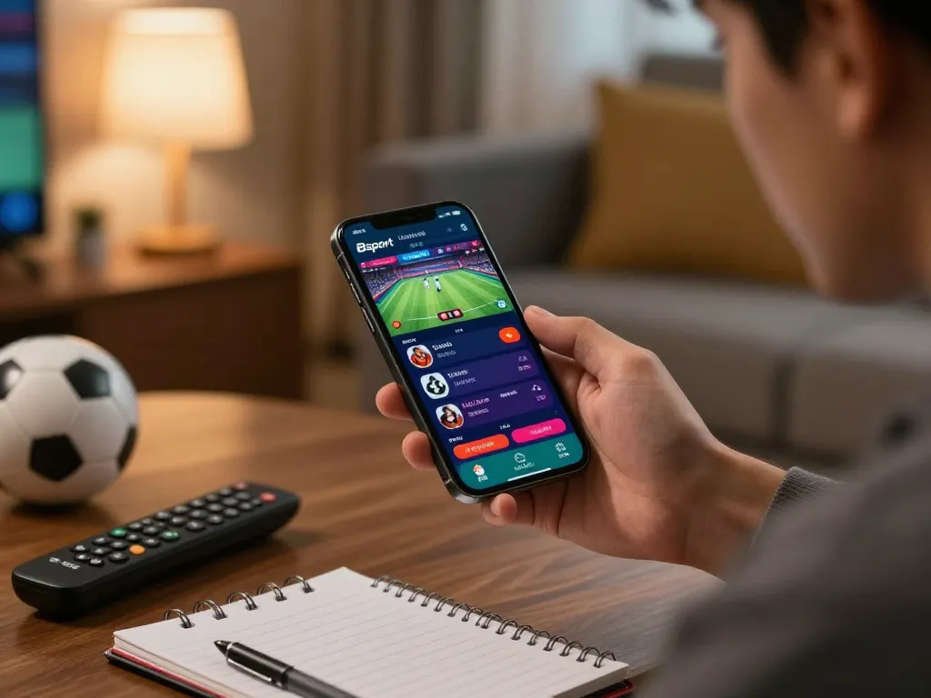 Betting enthusiast using the Bsport app for live sports odds in a cozy home setting.