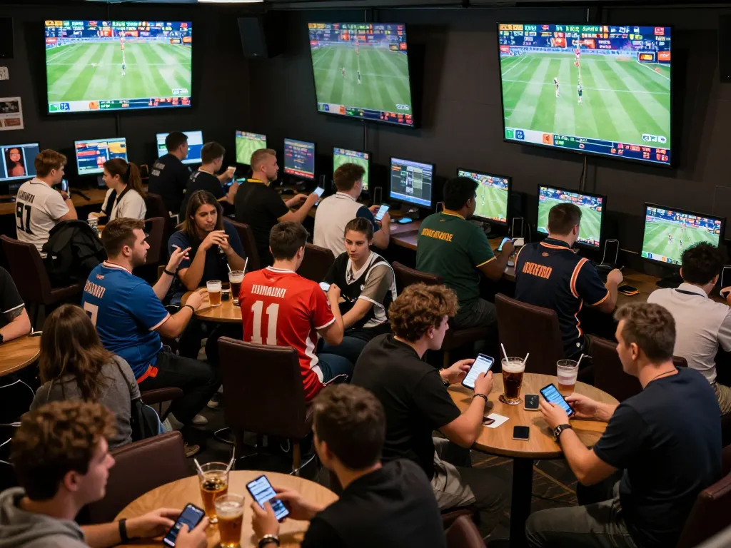 Engaging sports betting atmosphere with fans checking ผลบอล at live match venue