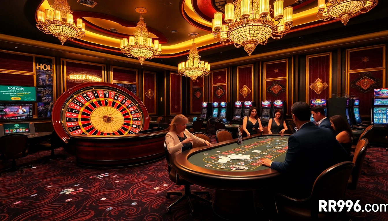 Win big at RR99.com with a vibrant casino scene featuring poker tables and roulette.