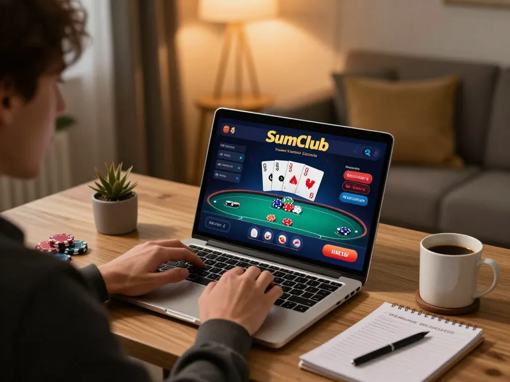 Sumclub online gaming, player engaging with poker interface at home.