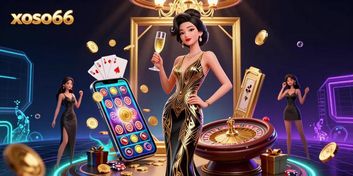 Experience thrilling wins on xoso66 with light-filled 3D casino illustration featuring elegant character and vibrant game elements.