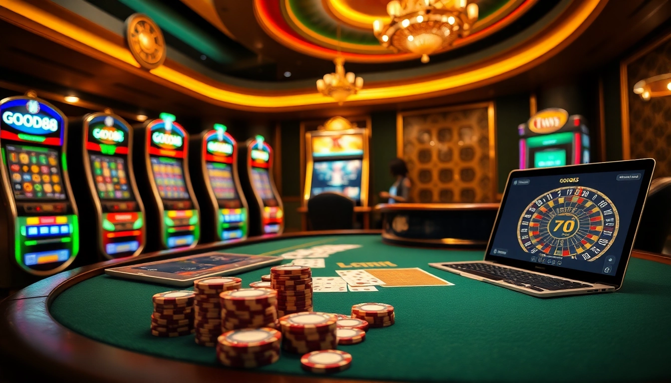 Engage with the thrilling ambiance of GOOD88 casino featuring vibrant tables, slot machines, and high-stakes poker action.