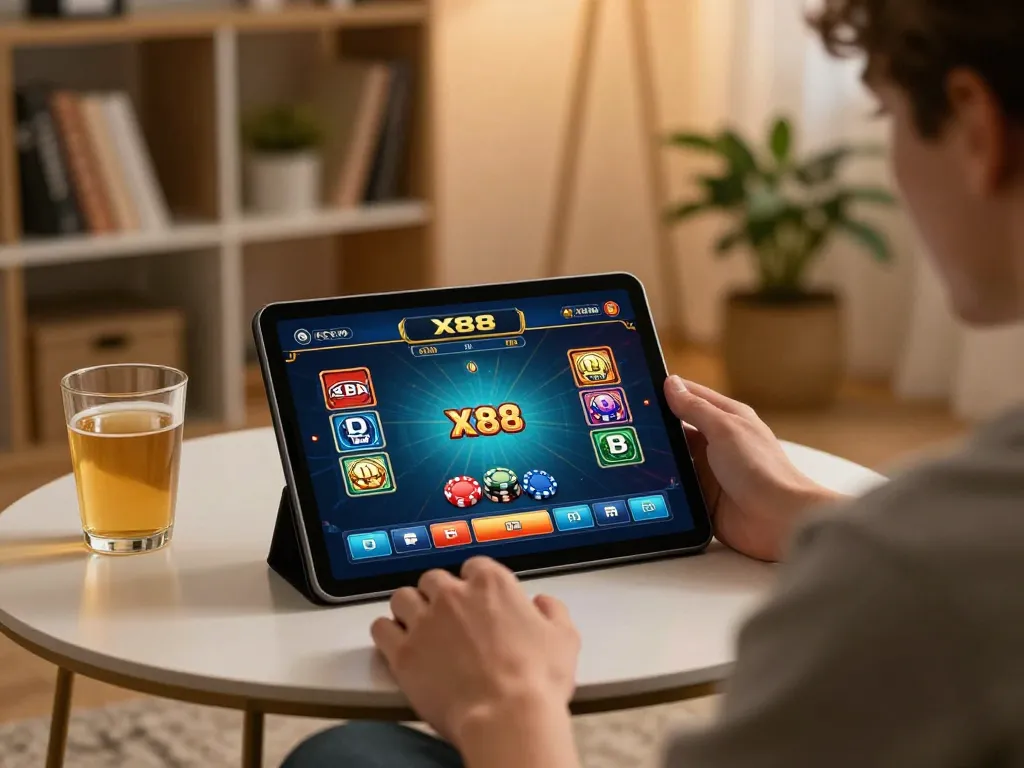 X88 player engaging in online casino gameplay at home, displaying strategy and focus.