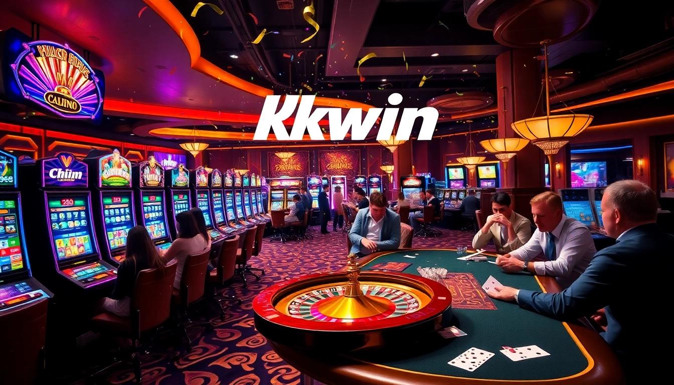 Exciting gambling scene at Kkwin with players at slot machines and poker tables.