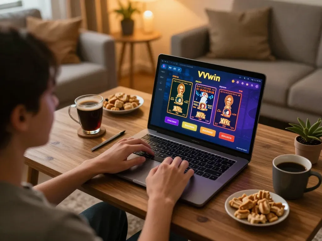 Engaging in online gaming at VVVwin with a cozy setup and interactive interface.