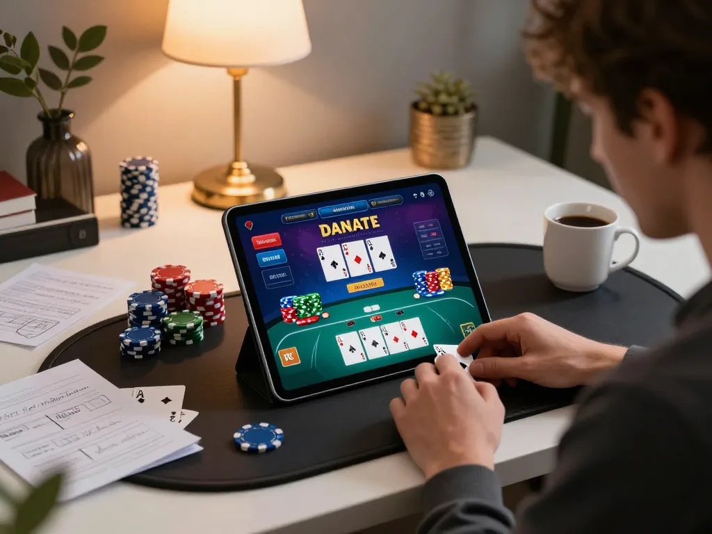 79king player strategizing in a cozy home setup enjoying a live poker game on a tablet
