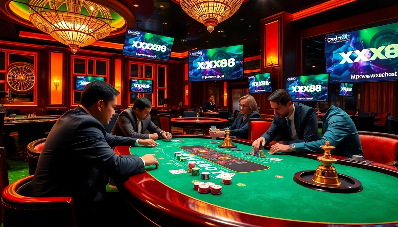 Engaged poker players at a luxurious casino table representing https://xx88.host with vibrant colors and excitement.