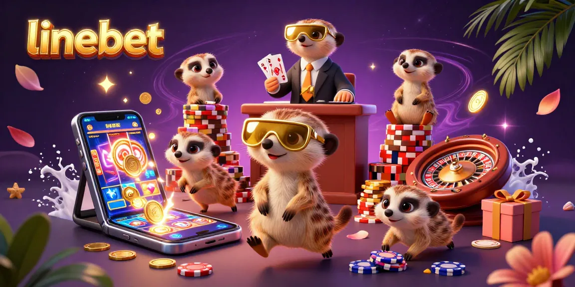 linebet cartoon meerkats managing a casino, enjoying vibrant slot games and surroundings.