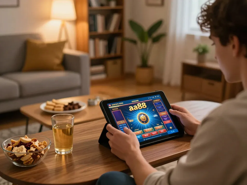 Player enjoying aa88 gaming on tablet, relaxed home atmosphere with strategic focus and snacks.