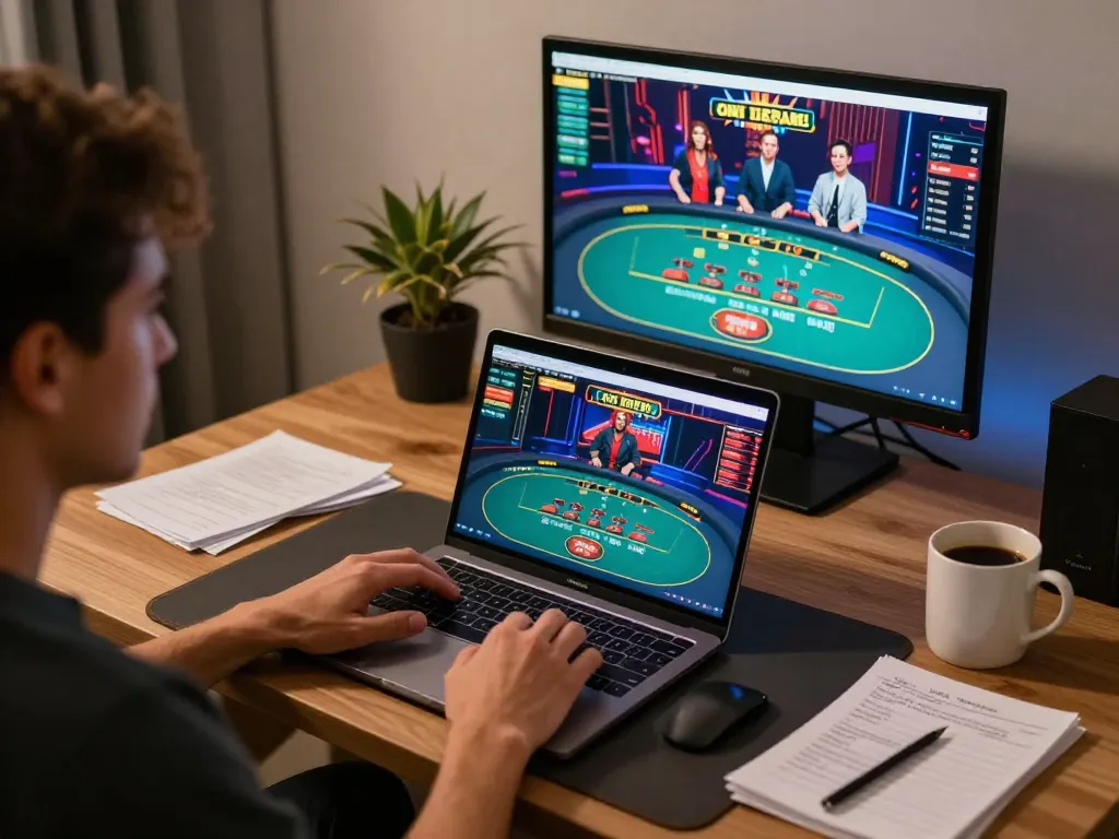 Engaged player fully enjoying luck8biz online casino gaming on a laptop in a cozy setting