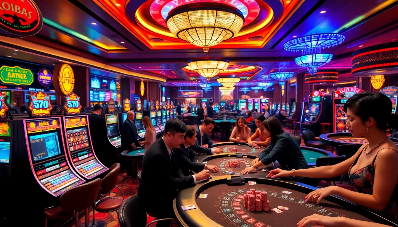 Exciting gambling experience at https://go888.jp.net/ featuring vibrant casino games and players engaged in fun.