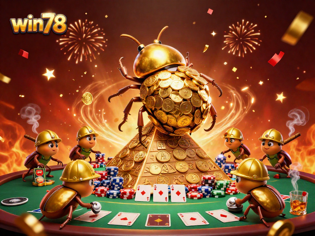 Win78 showcases a golden dung beetle rolling coins amidst dynamic poker elements.