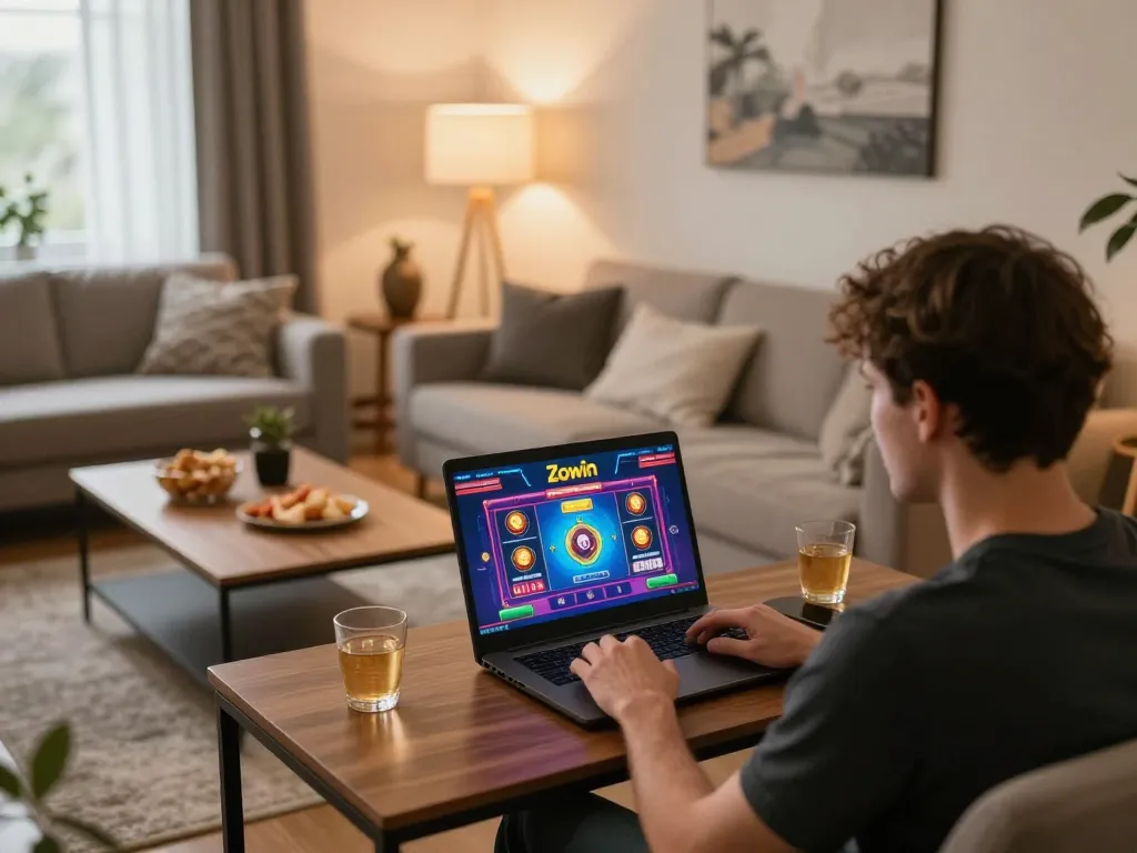 Zowin gameplay interface displayed on a laptop in a cozy home gaming setup, showcasing strategic online betting.