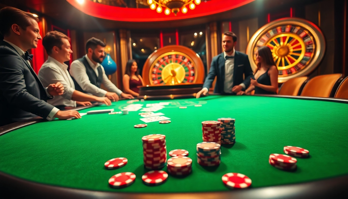 An exciting casino scene at https://pub88.in.net/, showcasing vibrant poker action with chips and dealers at the table.