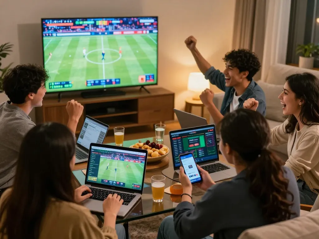Socolive sports betting excitement with friends celebrating live football victories.