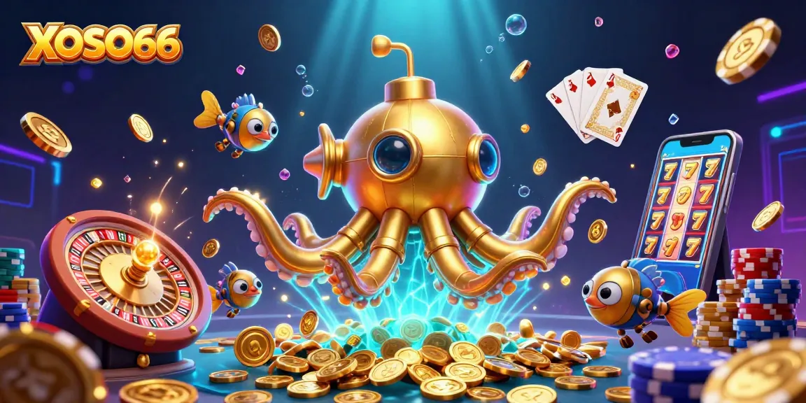 XOSO66 offers an engaging gambling experience featuring a golden kraken submarine in a sea of coins.