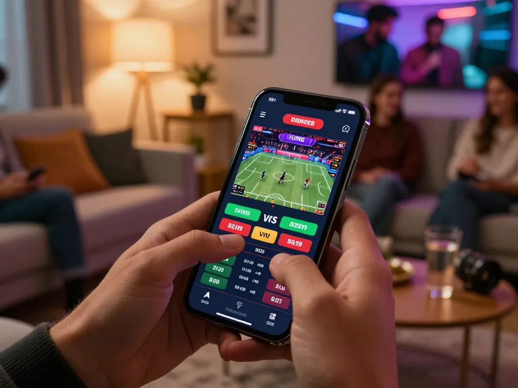 Engaging smartphone betting scene showcasing cm88, highlighting live sports action amid a vibrant living room.