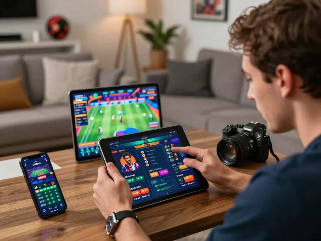 Engaging moment of placing bets on U888 with tablet during an exciting sports betting session
