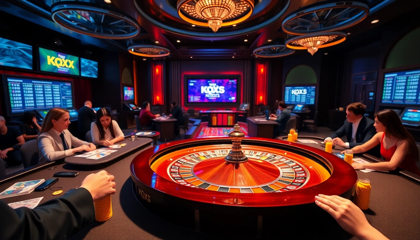 Engaging scene at a casino with players attracted by KQXS results, vibrant roulette wheel action.