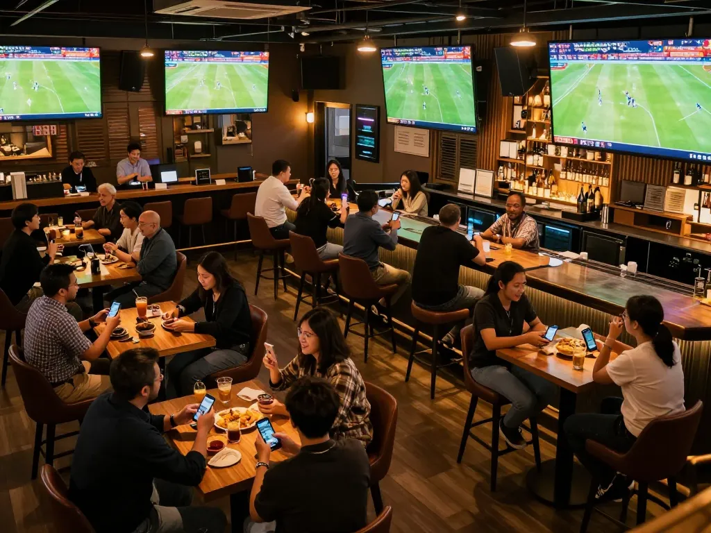 KQBD users engaged in sports betting at a lively sports bar with multiple screens showing football matches