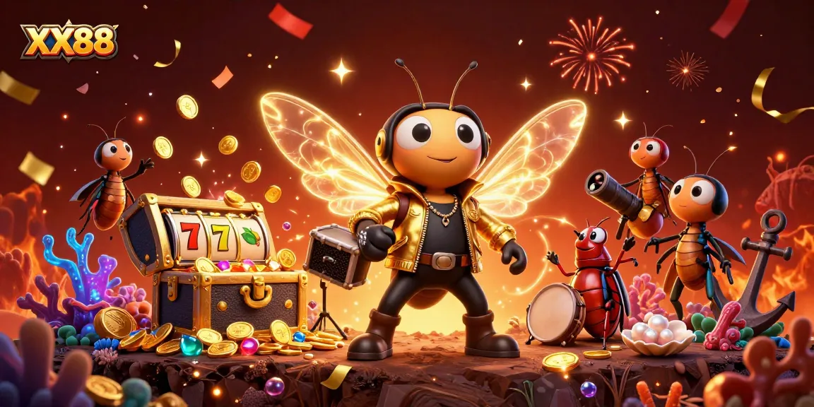 Engaging XX88 online casino scene featuring a cicada rock star and exciting slot symbols.
