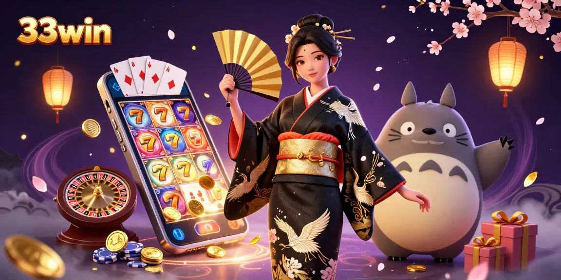 Experience thrilling casino action with 33win in a vibrant 3D illustration showcasing slot games, golden coins, and dynamic characters.