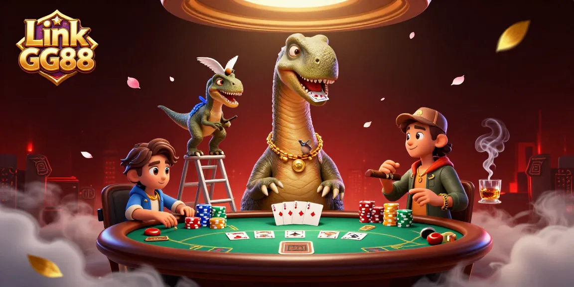 Engage with Link GG88 at a vibrant casino scene featuring playful dinosaurs and gaming elements.