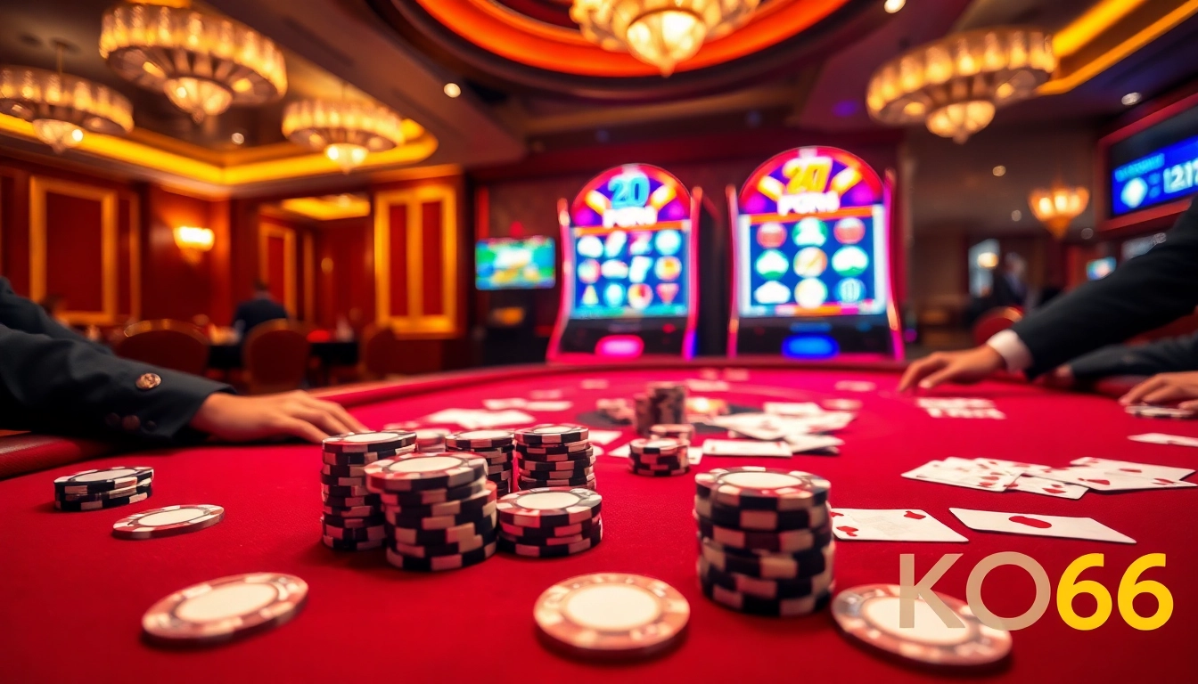 Trải nghiệm sự hồi hộp tại KO66 với bàn poker thanh lịch và máy đánh bạc sống động trong không gian sòng bạc sang trọng.