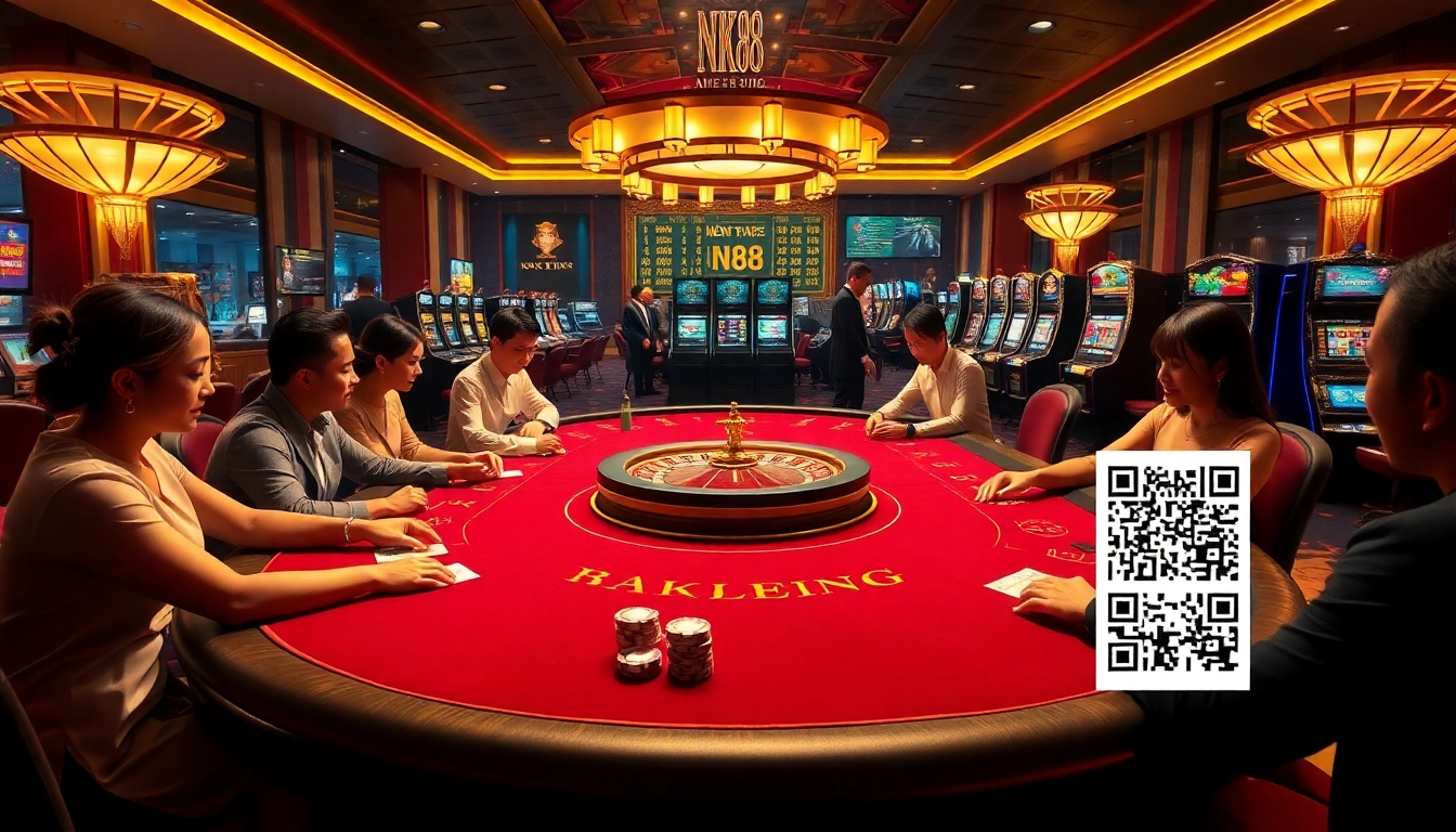 Players enjoying a thrilling poker game at NK88 casino under elegant lighting.