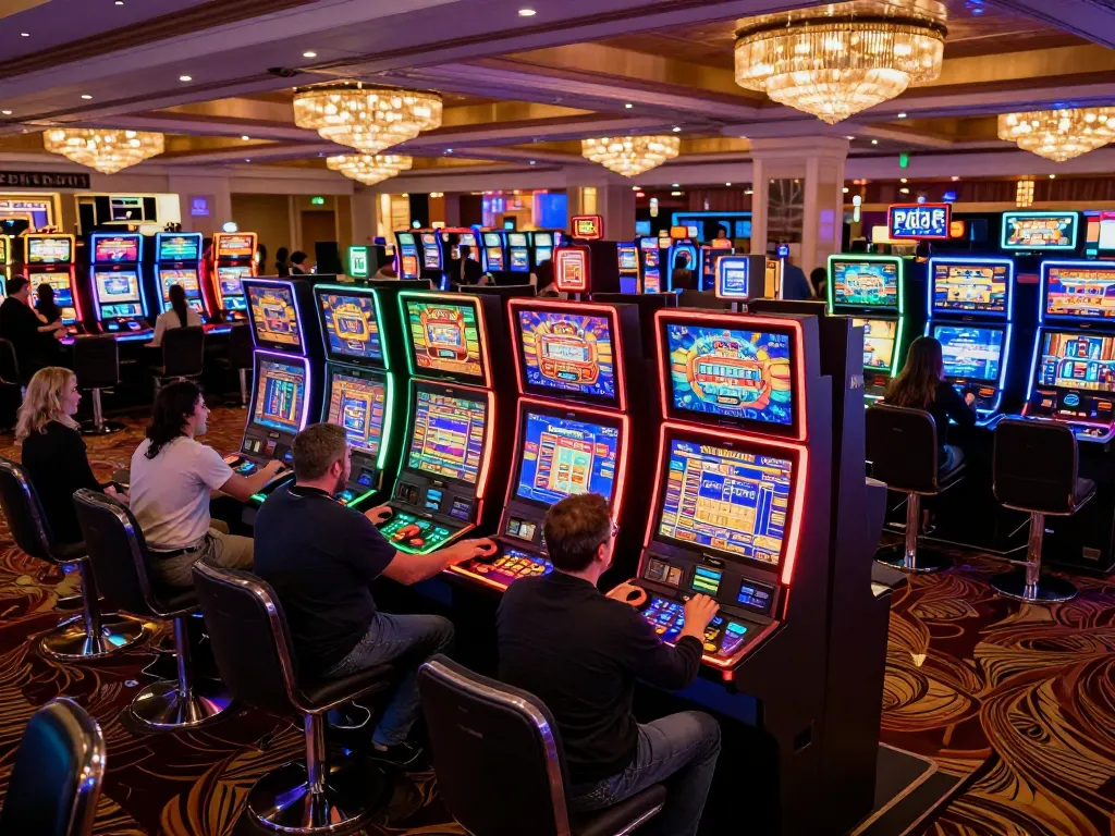 Players engaging with vibrant slot machines at tr88 casino, lively ambience and excitement in the air.