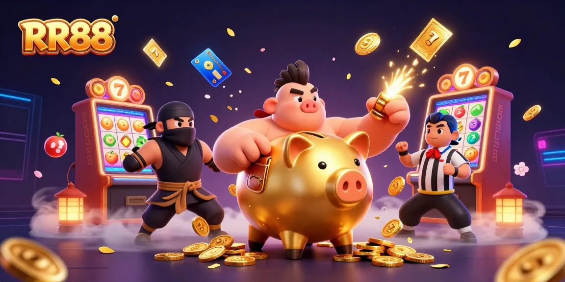 Experience RR88's dynamic gaming scene with vibrant slots, golden jackpots, and captivating characters.