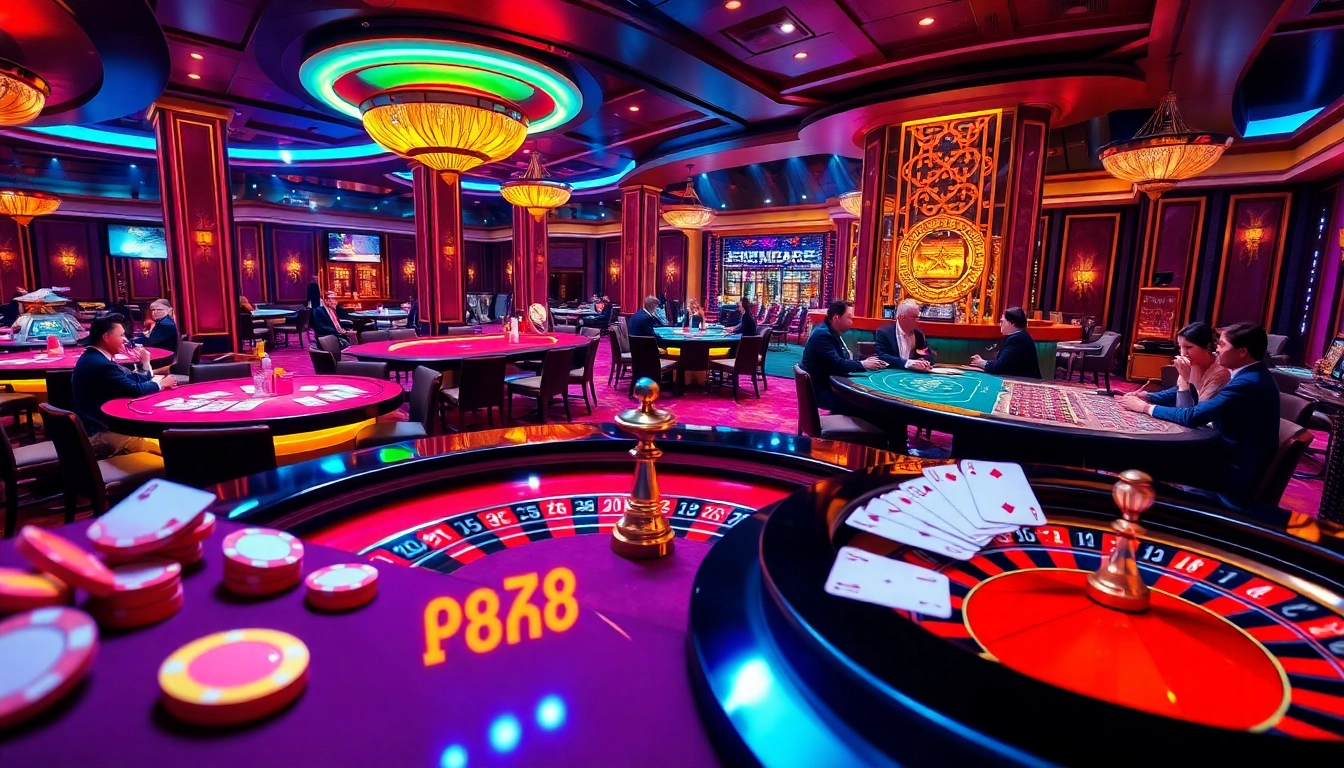 Experience high-stakes excitement with 22JL as players engage at elegant casino tables filled with colorful chips.