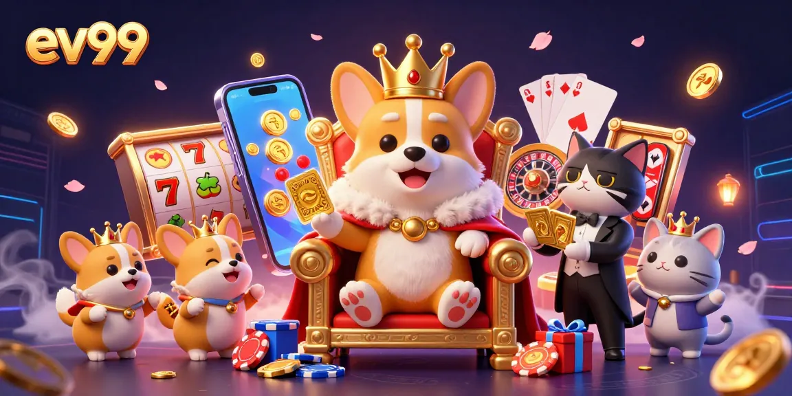 ev99 features a cartoon royal corgi on a throne of poker chips amidst vibrant casino game elements.