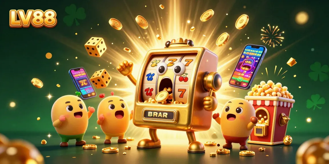 Experience LV88's thrilling jackpot moment with a playful golden slot machine and cheering baby slots.